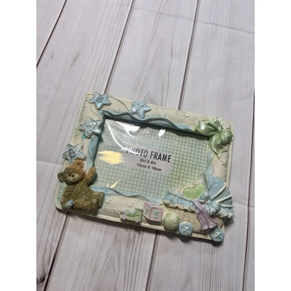 Vintage 3D Baby Boy Photo Frame 6x4 Teddy Bear Blue Bassinet